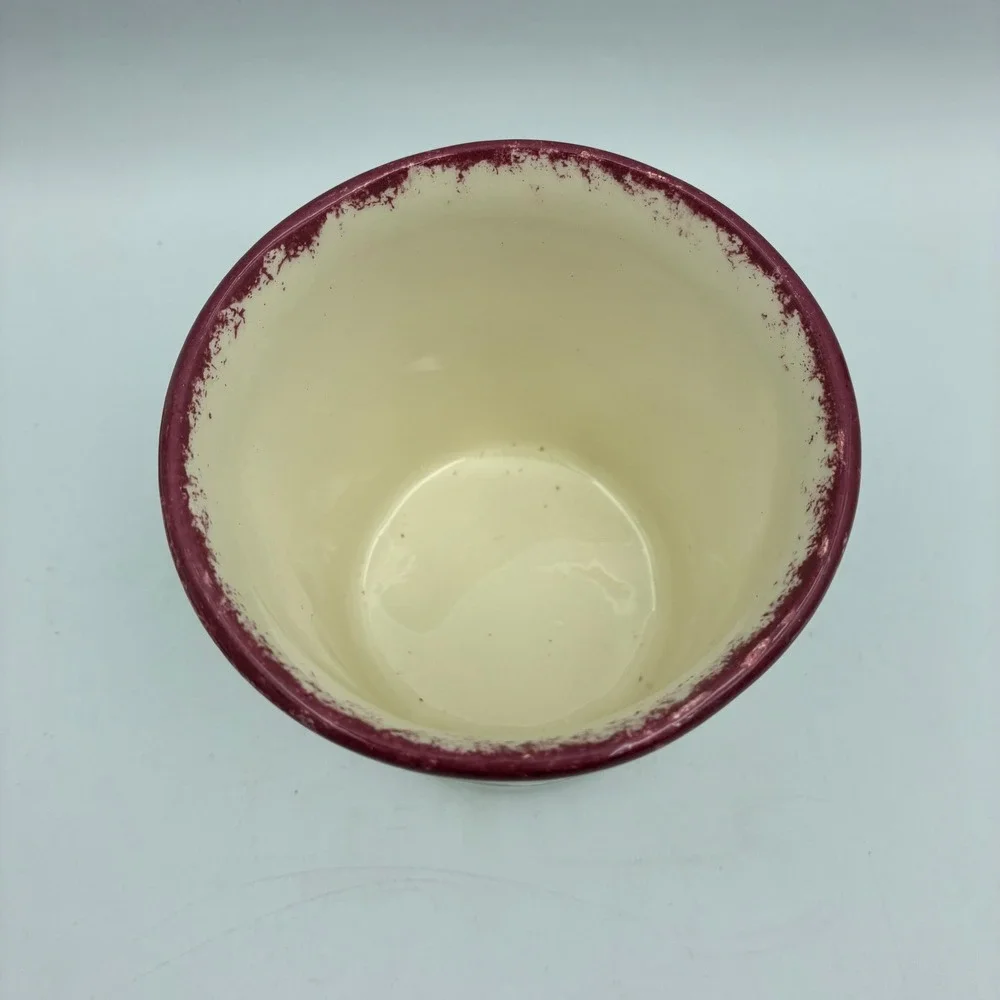 Country Farmhouse Ceramic Potpourri Dip Crock Ruffled Lid Burgundy Cream 4.5in